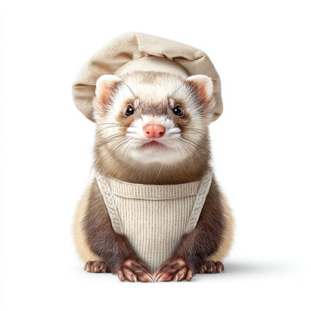 This charming image features a cute ferret dressed as a chef, complete with a hat and apron, radiating a playful and whimsical atmosphere perfect for fun projects.の素材