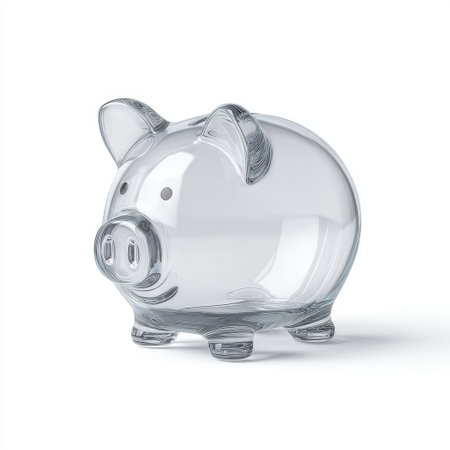 A beautiful clear glass piggy bank showcasing modern design while promoting the idea of savings and financial awareness. Perfect for home decor and gifts.の素材
