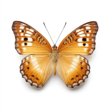 Stunning close-up view of a colorful butterfly showcasing intricate orange and brown patterns on its wings, symbolizing nature's exquisite beauty and diversity.の素材