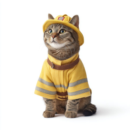 A charming cat dressed as a firefighter captures attention with its adorable expression and bright yellow outfit, creating a delightful and whimsical scene.の素材