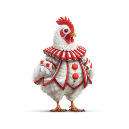 A whimsical clown chicken character dons a vibrant red and white costume with ruffles, creating a funny and cheerful visual ideal for playful and imaginative projects.の素材