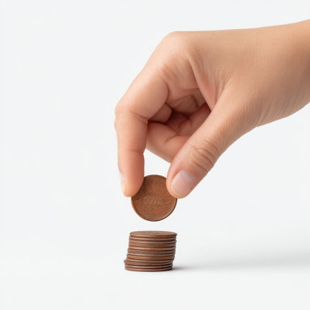 A close-up view of a hand gently placing a coin on top of a neatly stacked pile of coins on a pure white background, symbolizing financial growth and investment.の素材