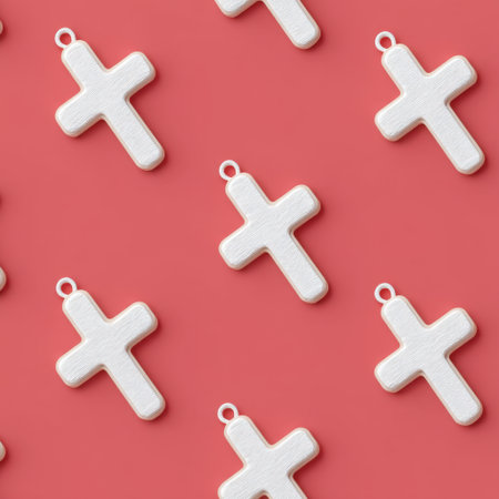 This image showcases an engaging pattern of white crosses set against a bright coral background, ideal for themes of spirituality, modern decor, and artistic inspiration.の素材