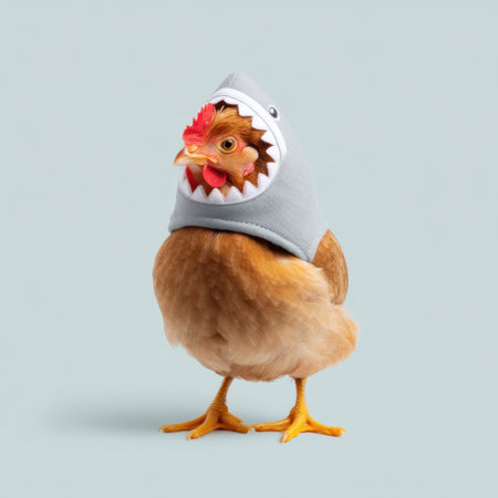A humorous depiction of a chicken dressed in a gray shark costume, showcasing its playful spirit and whimsical charm. Ideal for lighthearted animal content.の素材