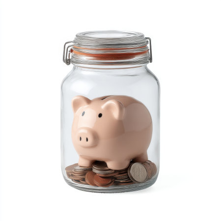 This image showcases a piggy bank resting inside a glass jar filled with coins, symbolizing savings and financial planning for personal budgets and spending habits.の素材
