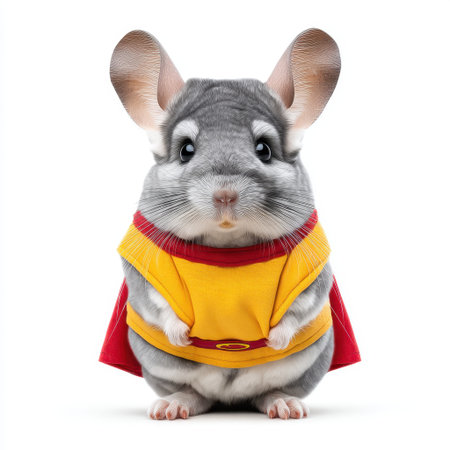 This charming chinchilla character dressed as a superhero brings a playful and vibrant touch to any story or project. Perfect for children's illustrations and animations.の素材