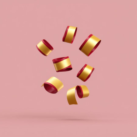 This image features colorful ribbons elegantly twisting and floating against a soft pink background, capturing a festive essence ideal for celebratory themes.の素材