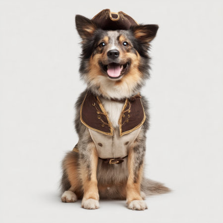 This charming dog dressed as a pirate showcases a joyful demeanor, perfect for pet-themed projects, costume events, or playful advertisements.の素材
