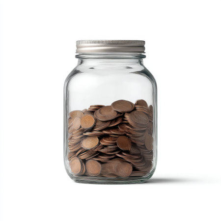 A clear glass jar overflowing with shiny coins, illustrating the concepts of savings and financial planning, perfect for themes of budgeting and wealth accumulation.の素材