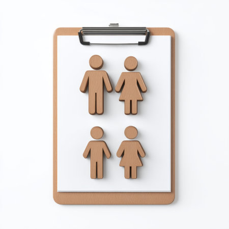 A minimalist design featuring wooden figures of four diverse people arranged on a clipboard, symbolizing family and community dynamics, with ample space for notes.の素材