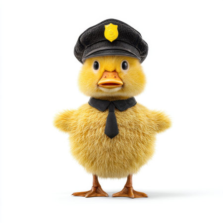 A whimsical image of an adorable duckling in a police uniform, radiating charm and personality. Perfect for fun, playful themes or children's content.の素材