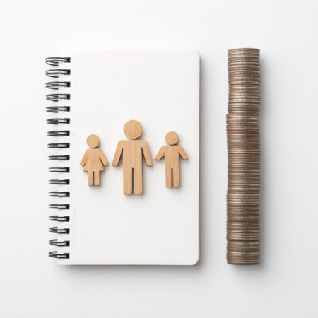 This image features wooden figures representing a family on a blank notebook, accompanied by stacked coins, symbolizing finance planning and family budgeting.の素材