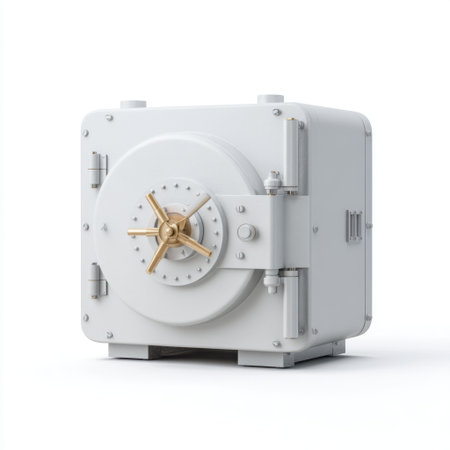 This image features a modern white safe with a stylish gold lock, ideal for representing concepts of security, finance, and asset protection in a contemporary setting.の素材