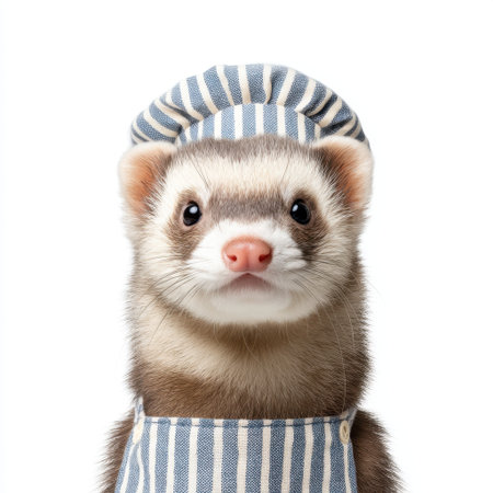 A charming ferret dressed in a chef hat and apron brings warmth and joy to any kitchen scene, showcasing a playful personality and delightful expressions.の素材