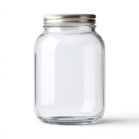 This clear glass jar with a metal lid is perfect for storing ingredients, organizing kitchen spaces, or adding a decorative touch to any setting or craft project.の素材