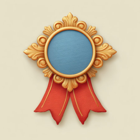 Detailed vintage medal featuring a blue center and red ribbons, perfect for symbolizing recognition and achievement in various award ceremonies and celebrations.の素材