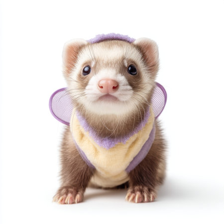 This charming image features a cute ferret dressed as a bumblebee, showcasing its playful expression and colorful costume, ideal for animal lovers and pet-themed projects.の素材