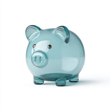 Bright blue glass piggy bank designed for saving money and promoting financial awareness. Perfect for home or office decor and a delightful gift for all ages.の素材