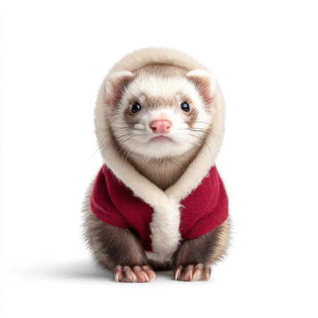 This charming ferret in a red coat with a fluffy hood melts hearts with its adorable expression. An ideal image for festive designs and holiday promotions.の素材