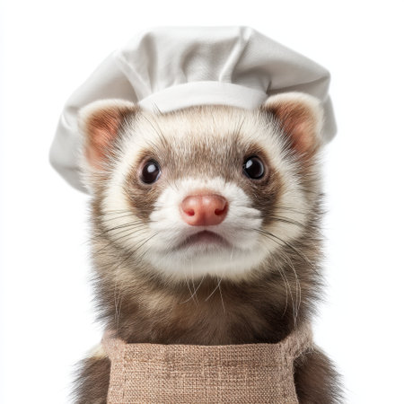 A charming ferret dressed as a chef dons a hat and apron, showcasing a playful personality. Perfect for culinary themes or pet lover content in vibrant settings.の素材