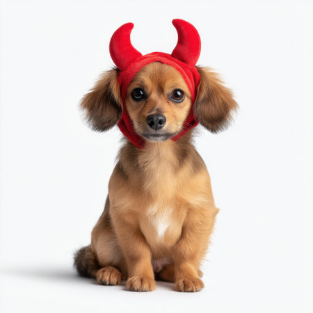 Small dog dressed in a red devil hat brings charm and fun to any occasion. Perfect for seasonal themes or pet events, capture the joyful spirit with this adorable image.の素材