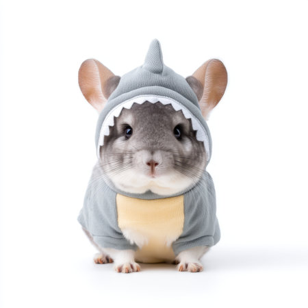 This playful chinchilla dons an adorable shark costume, radiating charm and joy. Perfect for showcasing imaginative pet fashion and capturing delightful pet moments.の素材