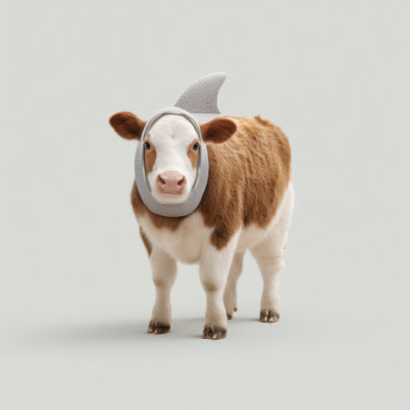 A charming and playful calf dons a whimsical shark fin costume, creating a fun and lighthearted scene perfect for imaginative and humorous photography or illustration projects.の素材