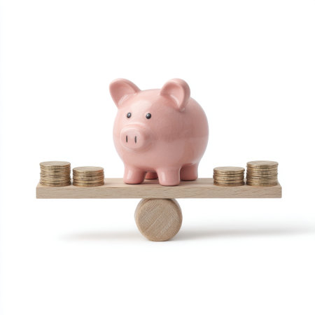 A charming pink piggy bank sits on a wooden seesaw, balanced between stacks of coins, representing financial management, savings strategy, and budget planning.の素材