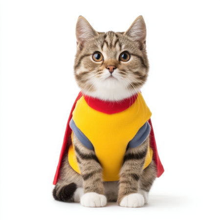 A charming cat adorned in a colorful superhero costume sits gracefully against a clean white background, exuding playfulness and individuality. Ideal for pet lovers.の素材
