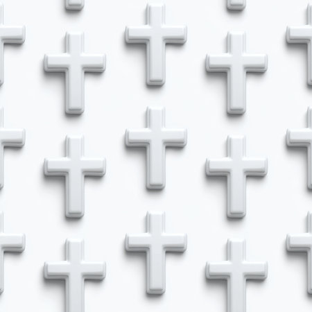 This image features a seamless pattern of white crosses on a soft background, perfect for backgrounds, textiles, or any religious-themed creative project.の素材