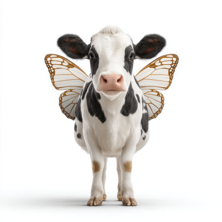 This imaginative illustration features a cow with butterfly wings, blending rustic charm and whimsical fantasy. It's a unique representation perfect for playful designs.の素材