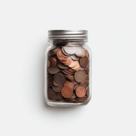 A clear glass jar filled with copper coins symbolizes the concept of saving and financial growth, perfect for illustrating budgeting, thriftiness, and money management.の素材