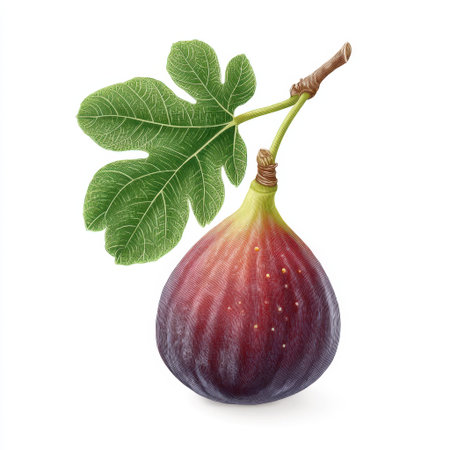 A fresh fig with a vibrant skin and a lush green leaf resting beside it, perfect for showcasing healthy eating, organic farming, or gourmet culinary delights in photos.の素材
