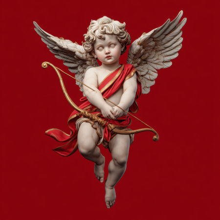 This stunning sculpture features a cherub with delicate wings, beautifully capturing innocence and charm. Set against a vibrant red backdrop for striking contrast.の素材