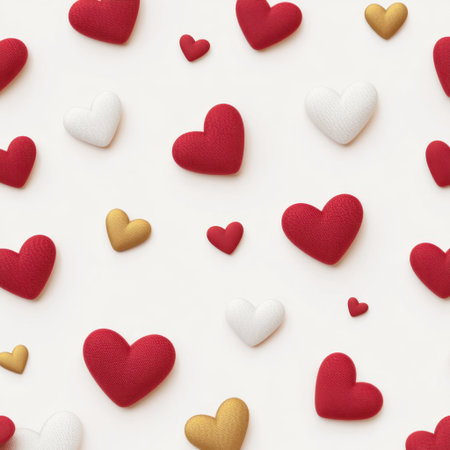 A playful arrangement of colorful heart shapes in red, white, and gold against a clean white background, perfect for romantic themes, designs, and celebrations.の素材