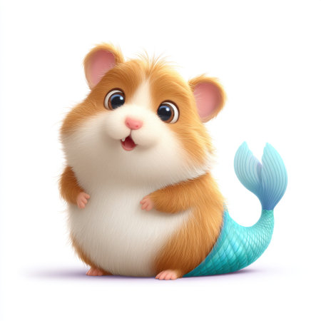 This adorable cartoon hamster features a vibrant mermaid tail and a cheerful expression. It  ideal for children  content, playful art, and imaginative designs.の素材