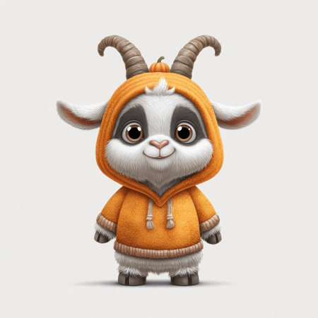 This adorable cartoon goat character, dressed in a bright orange hoodie, features a playful expression and fluffy texture, perfect for children  media and whimsical design projects.の素材