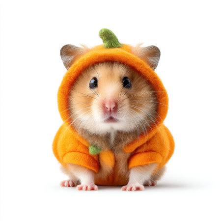 This charming image features a hamster in a pumpkin costume, embodying the playful spirit of autumn. Perfect for adding whimsy to seasonal projects and celebrations.の素材