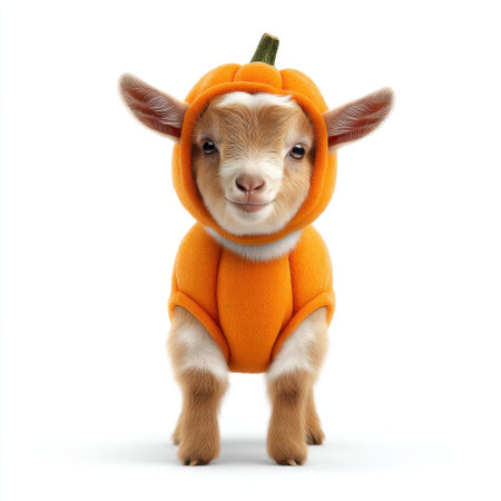 This charming young goat dressed in a vibrant pumpkin costume brings a playful touch to any fall-themed project, capturing the essence of joy and festivity.の素材