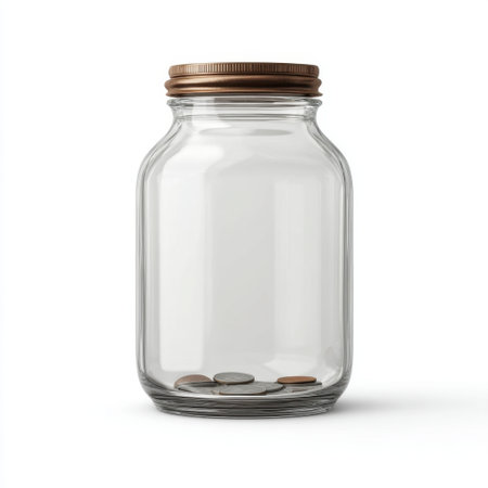 This image features a clear glass jar with a metallic lid, highlighting coins at the bottom. It symbolizes savings, financial planning, and economical living.の素材