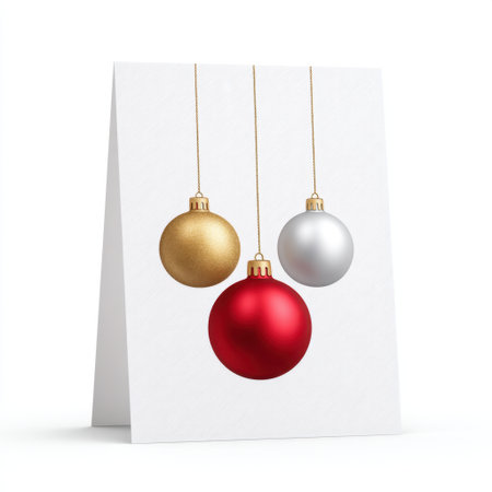 A beautiful white greeting card features three elegant Christmas ornaments in red, gold, and silver. This festive design is perfect for holiday celebrations and seasonal messages.の素材