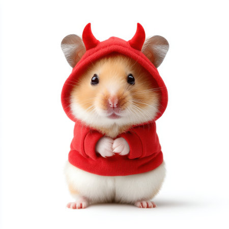 An endearing hamster wearing a red hoodie with tiny horns, embodying a playful spirit. Ideal for animal lovers seeking fun, lively, and whimsical pet photography.の素材