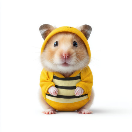 This charming hamster in a vibrant yellow bee costume showcases an endearing expression perfect for capturing hearts. Ideal for lighthearted designs and marketing.の素材
