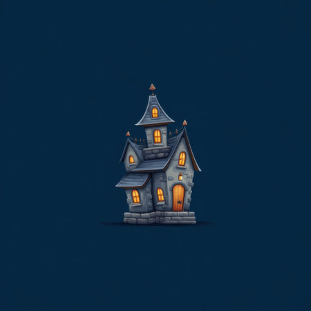 This whimsical cartoon-style haunted house features glowing windows, set against a dark blue background, ideal for Halloween or spooky-themed projects.の素材