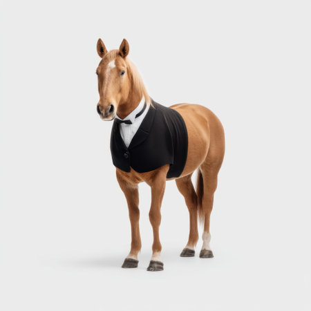 This charming horse showcases a unique tuxedo attire, radiating elegance and whimsy. Ideal for creative projects or fun-themed designs, it brings a touch of humor.の素材