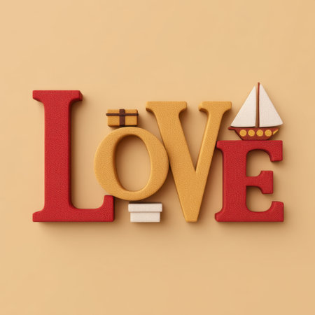 This image features vibrant letters spelling "Love," creatively arranged with a charming boat and gift element. Ideal for romantic decor or cheerful creative projects.の素材