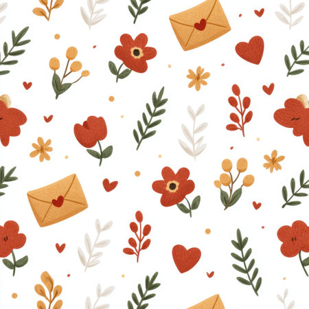 Explore this vibrant floral pattern featuring hearts and envelopes, perfect for various creative projects. Enhance backgrounds and designs with a touch of whimsy and nature.の素材