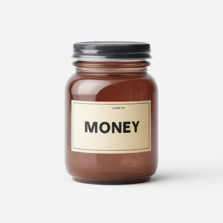 A clear glass jar labeled 'Money' presents a modern take on finance and savings. Ideal for themes related to budgeting, organization, and lifestyle management.の素材