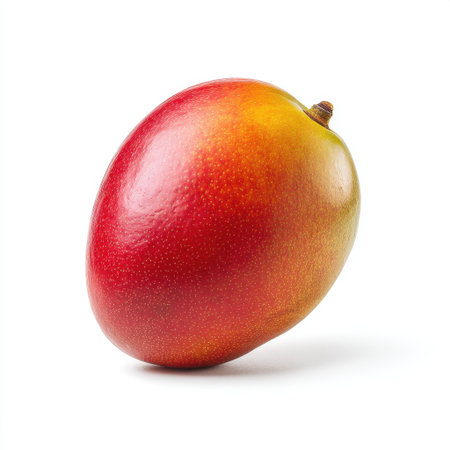A vibrant mango showcasing its bright colors on a white background, ideal for emphasizing nutrition, healthy eating, and tropical themes in food photography.の素材