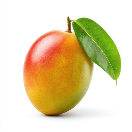 A fresh and juicy mango displaying vibrant red and yellow skin, complemented by a lush green leaf, ideal for health-focused and culinary compositions.の素材